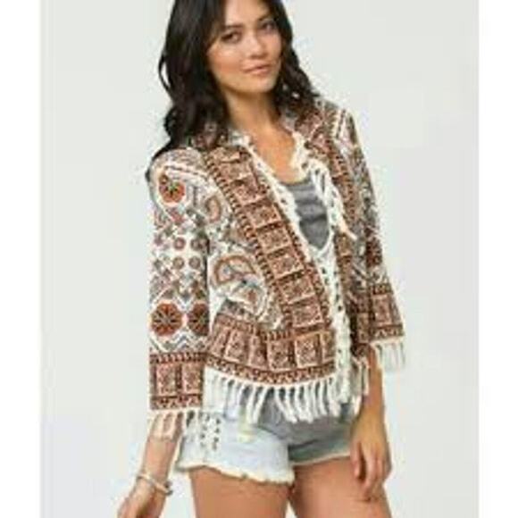 Billabong Fringe Crop Jacket Brown Floral Woven Cotton Boho Resort Beach small - Picture 1 of 12